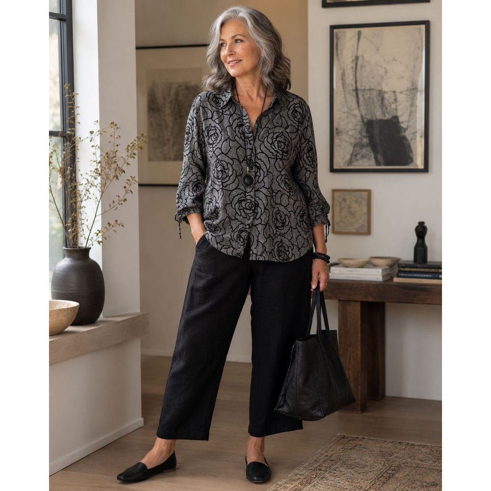 JM Collection Size Large Grey/Black Linen Blend Floral Blouse Lagenlook Artsy